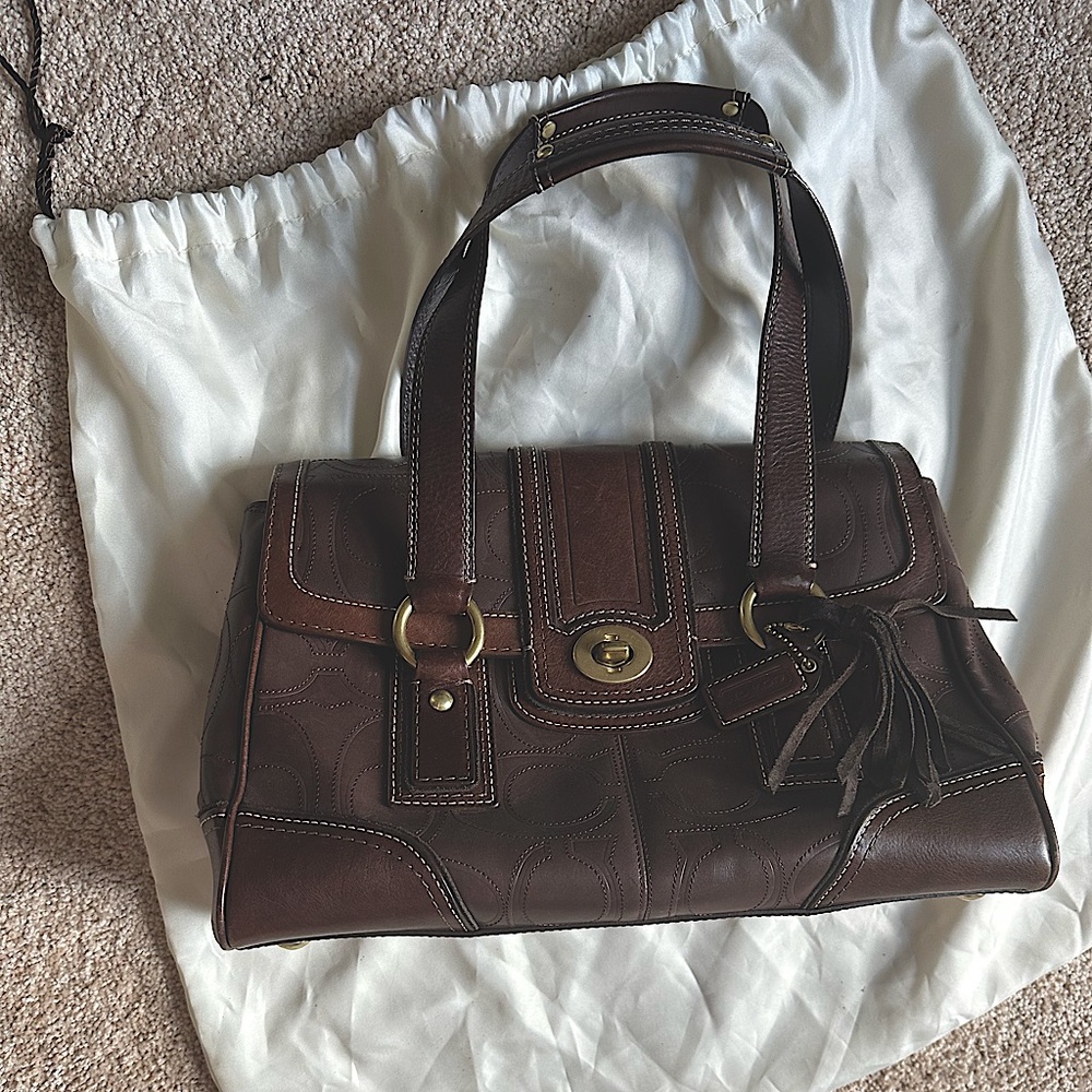 Authentic Coach Signature Brown Leather Monogram Empriente Satchel  Style 11332